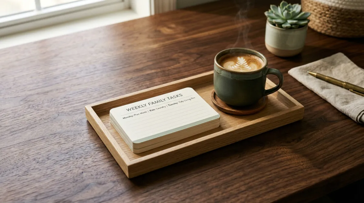 Organized family task management system on warm wooden tabletop