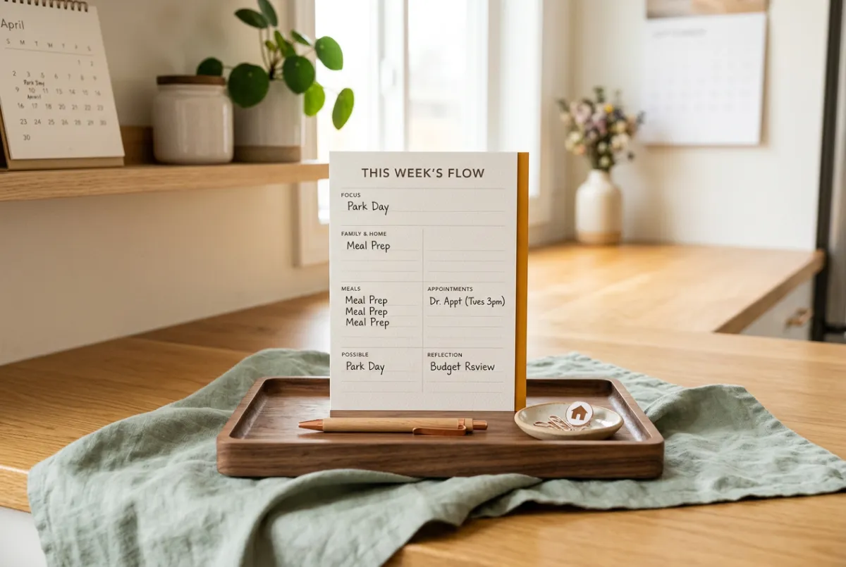 Clean, organized family calendar and warm minimalist kitchen counter