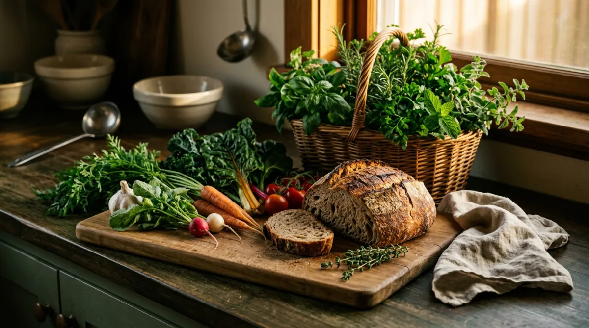 Nourishing wholesome ingredients and weekly meal planning cards on a clean kitchen island