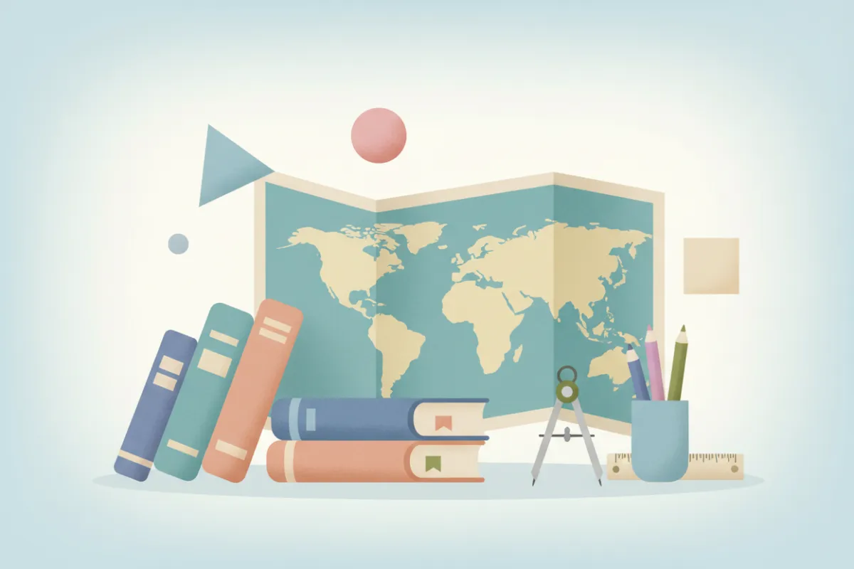 Minimal flat landscape illustration (3:2) of abstract educational visuals — books, stationery, map and soft geometric shapes in the brand palette (deep plum #45193D, cream #FFF5F3, mint #B3E0D3, accent #83547E); no people or faces.
