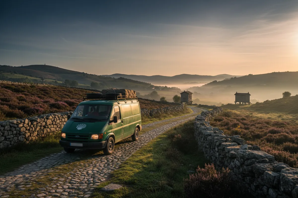 Vehículo de apoyo del Camino de Santiago con bebidas frescas y descanso