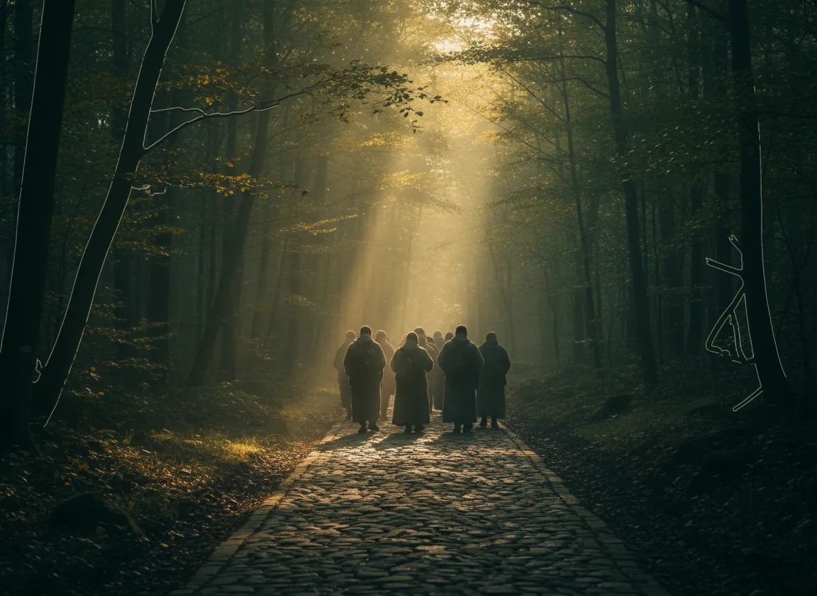 Peregrinos caminando en la mañana por un bosque gallego