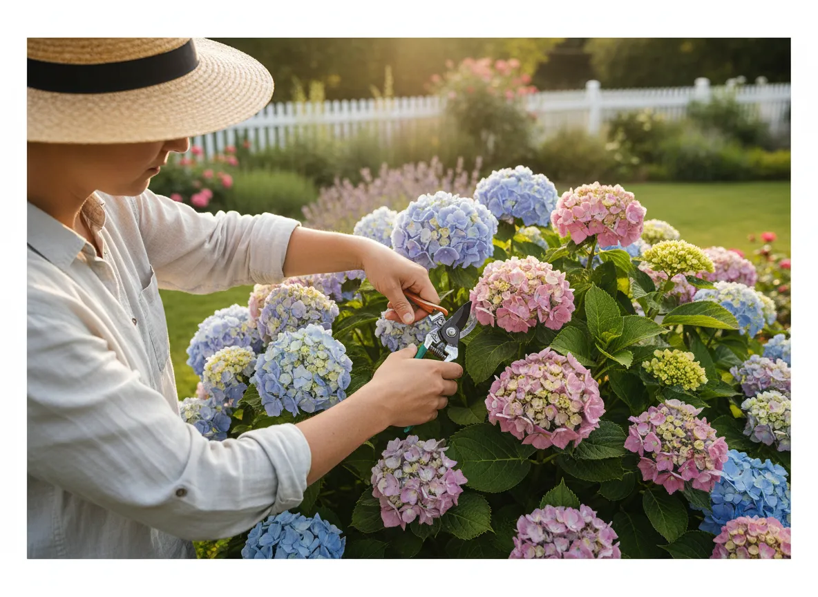 Gardener pruning flowering hydrangea shrub at the correct time