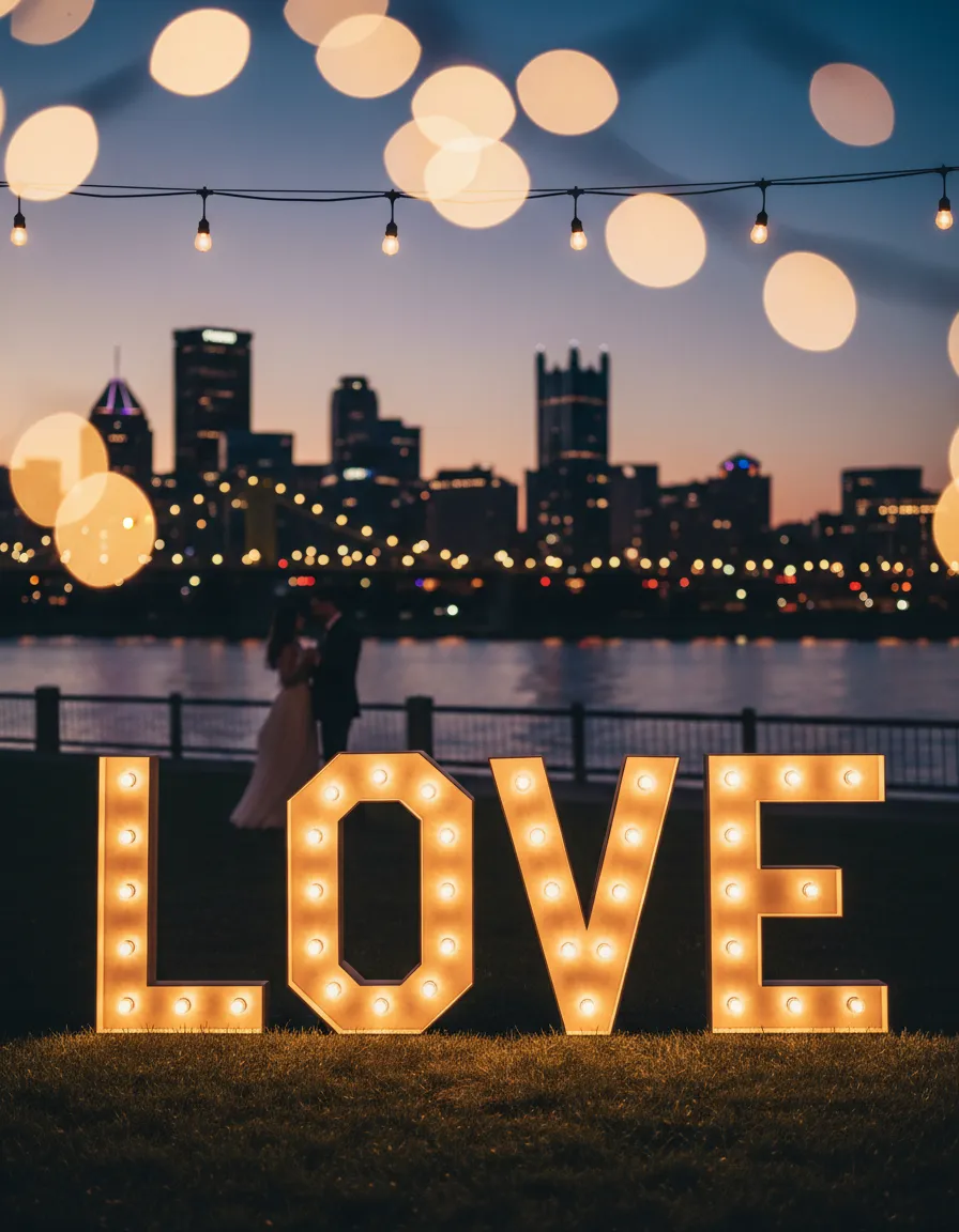 Marquee LOVE letters at a romantic Pittsburgh wedding