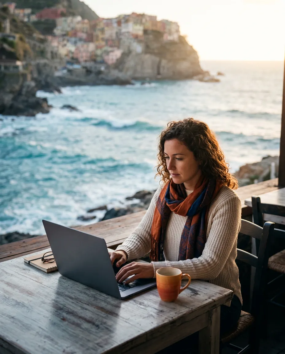 Entrepreneur working remotely on laptop from a coastal cafe with ocean view