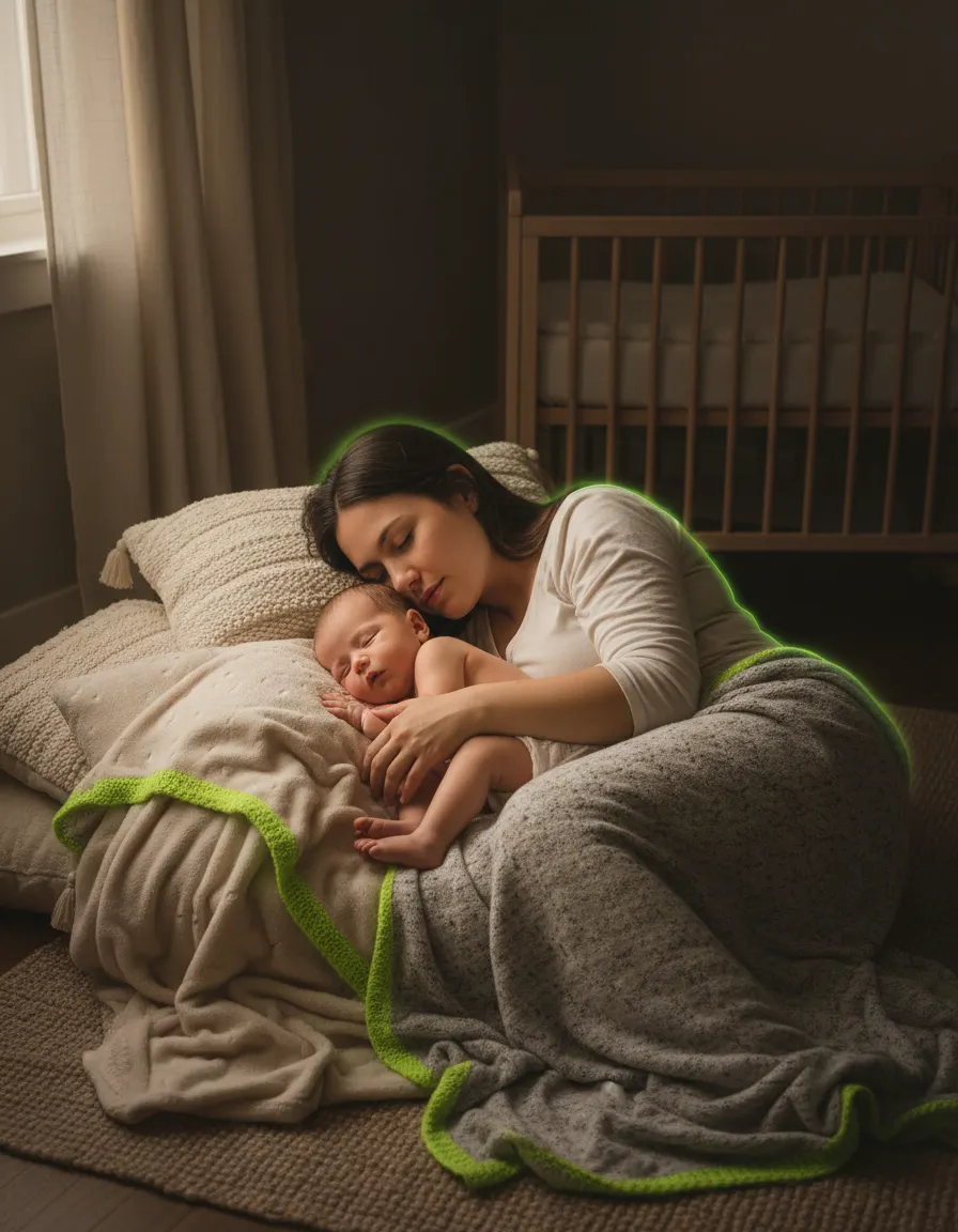 Peaceful mother and baby sleeping in soft natural light