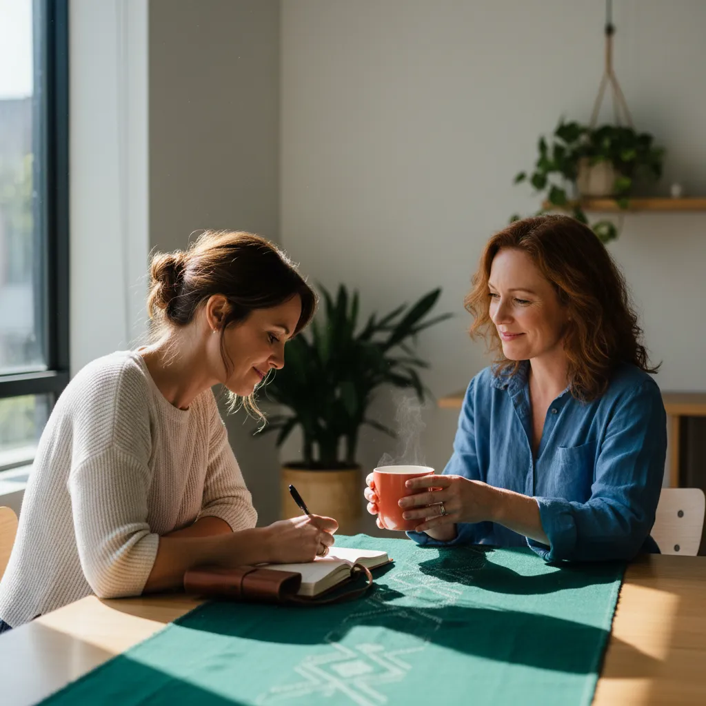 Women writing in a journal building positive routines