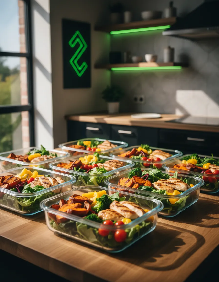 Healthy meal prep spread showing vibrant, nutritious ingredients organized for the week