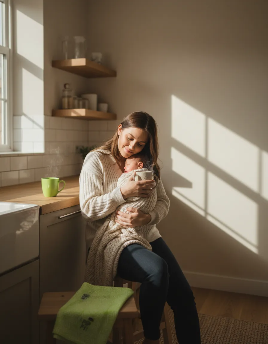 Steph holding her newborn, sitting peacefully with a cup of coffee in a cozy home setting