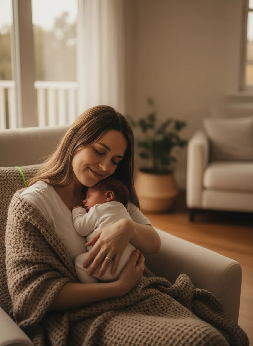 Exhausted but cozy mother holding newborn