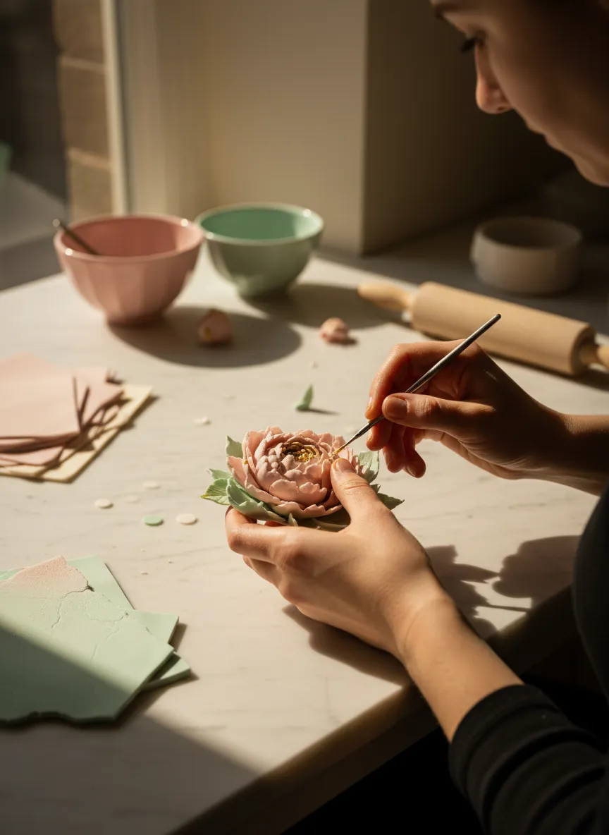 Handmade edible sugarpaste cake topper being carefully decorated