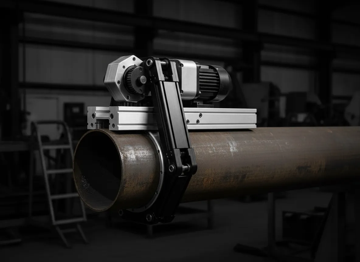 Automated pipe cutter tool mounted on steel pipe