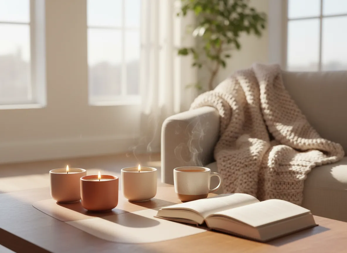 Softly lit candles and cozy decor for She Ignites Candle Co