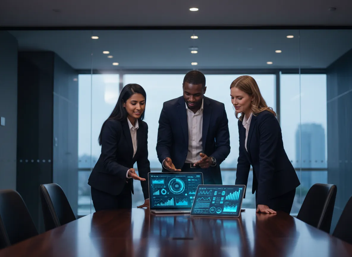 Mortgage professionals reviewing analytics dashboard on laptop and tablet