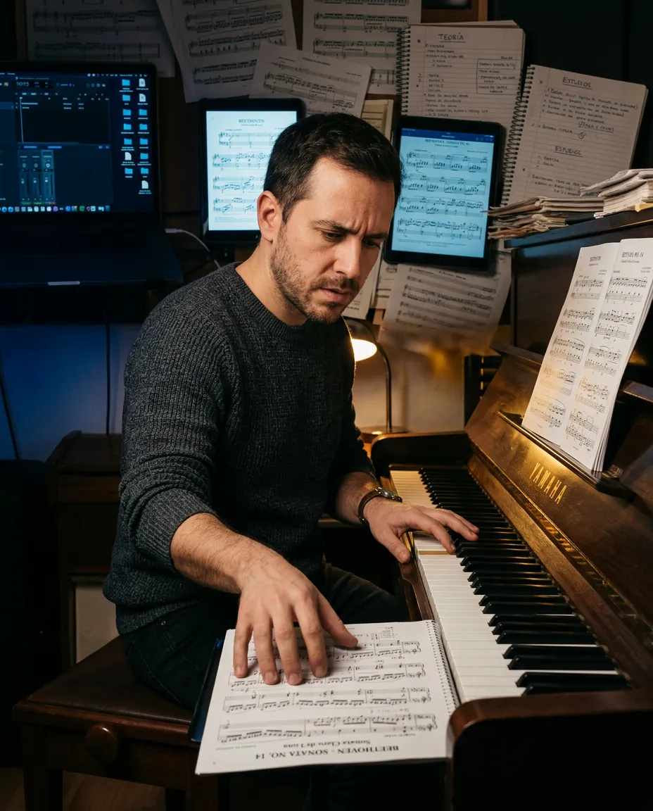 Estudiante de piano frente al teclado experimentando la transición de la confusión a la claridad técnica ordenada