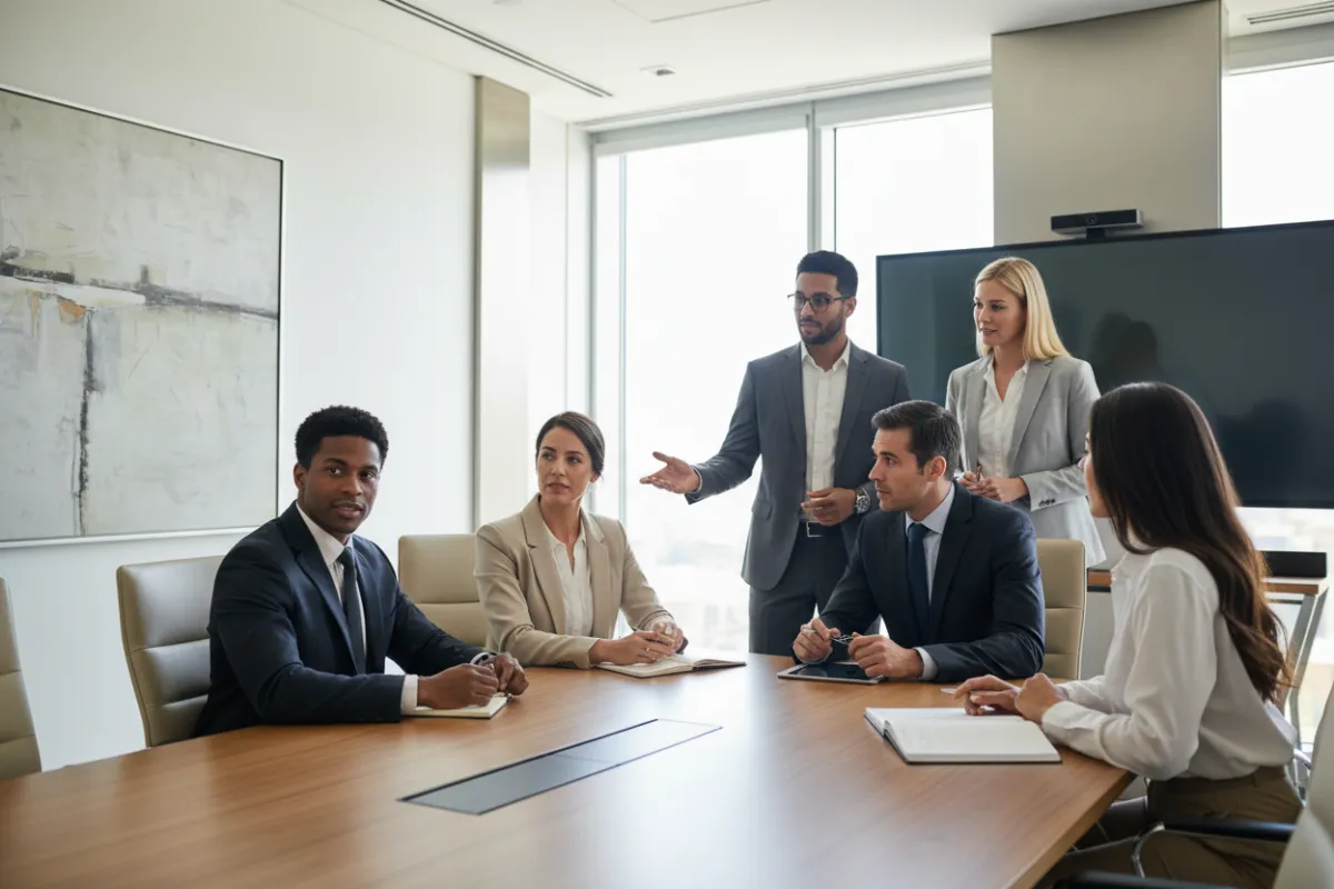 Racially diverse group of professionals (Black Americans, Asian Americans, Latin Americans, and Caucasians), men and women, in a modern executive boardroom, professional attire, natural lighting, horizontal hero composition