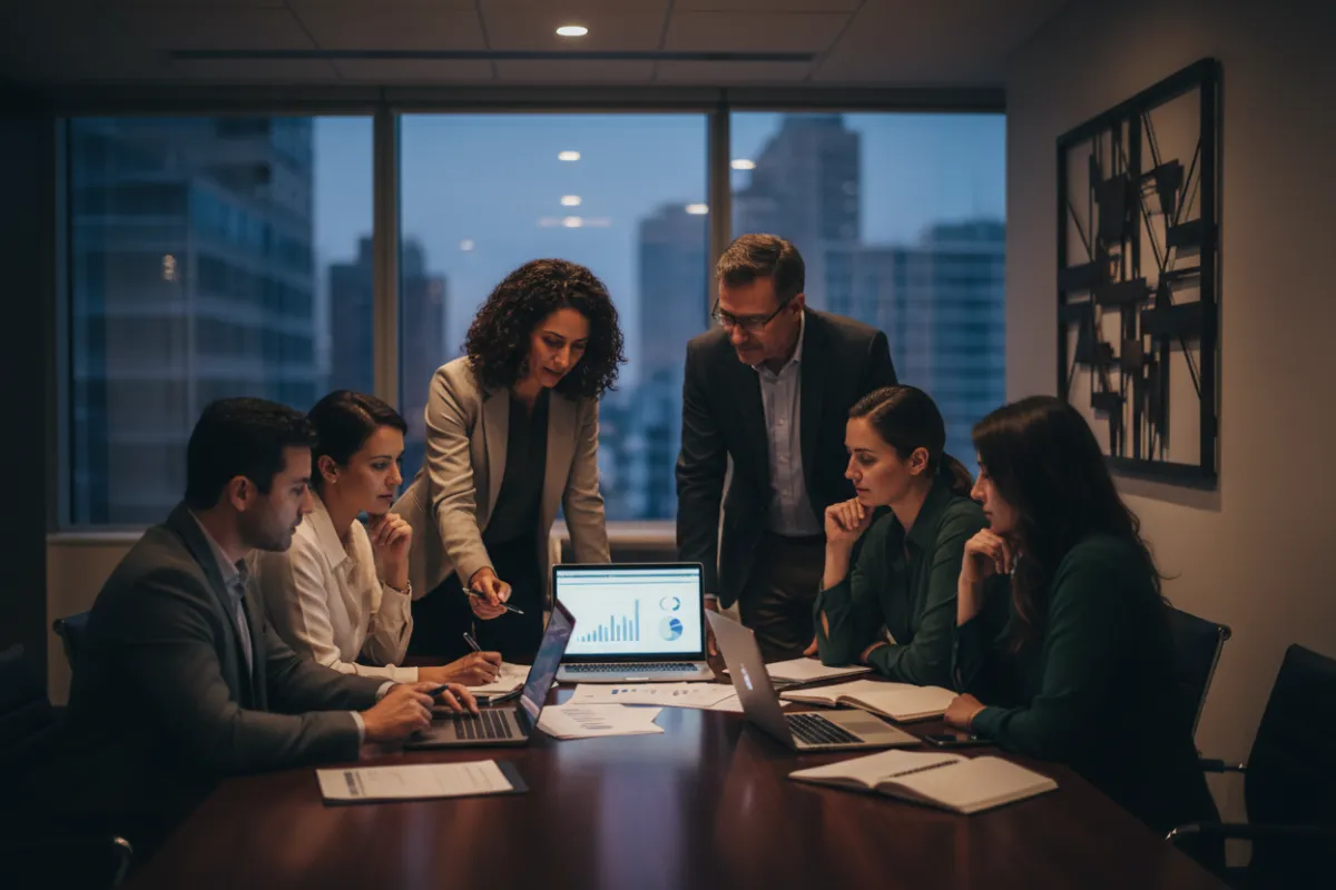 Diverse group of professionals collaborating around a table in a modern workspace, emphasizing inclusivity and executive collaboration