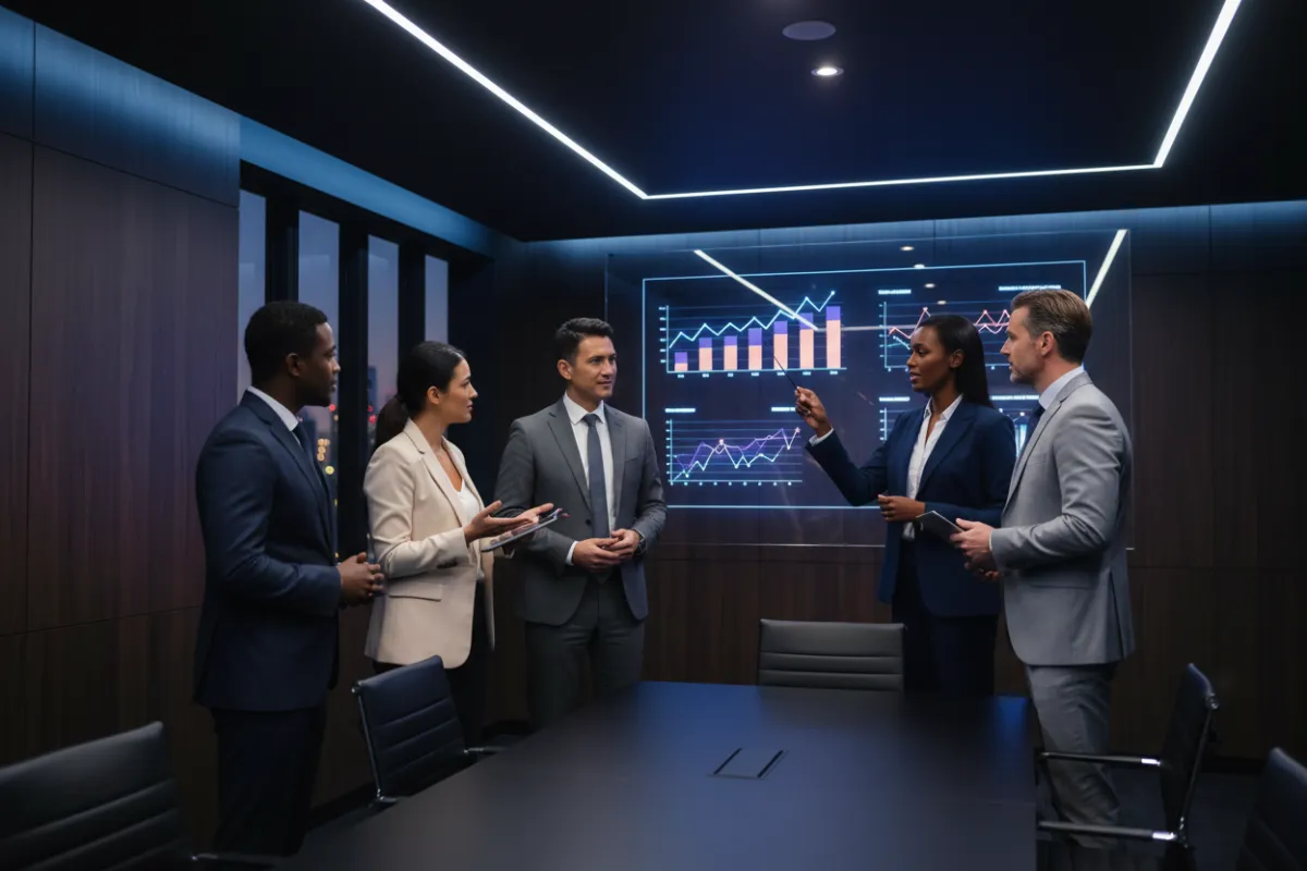 Diverse executive leaders confidently presenting or reviewing results in a polished corporate environment — 3:2 composition