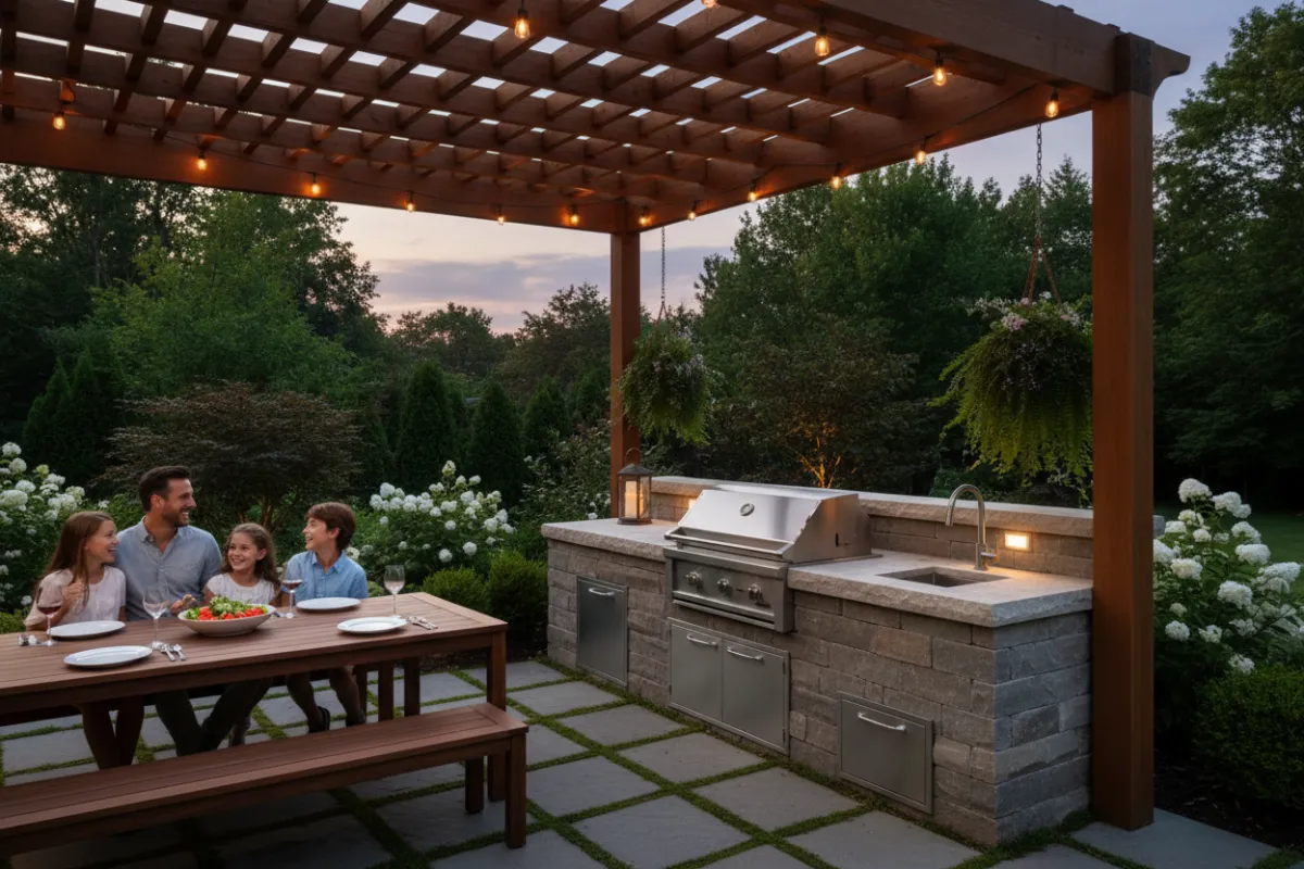 Modern outdoor kitchen with stone counters, stainless grill, and pergola in a lush Richmond Hill backyard, evening lighting, family gathering nearby