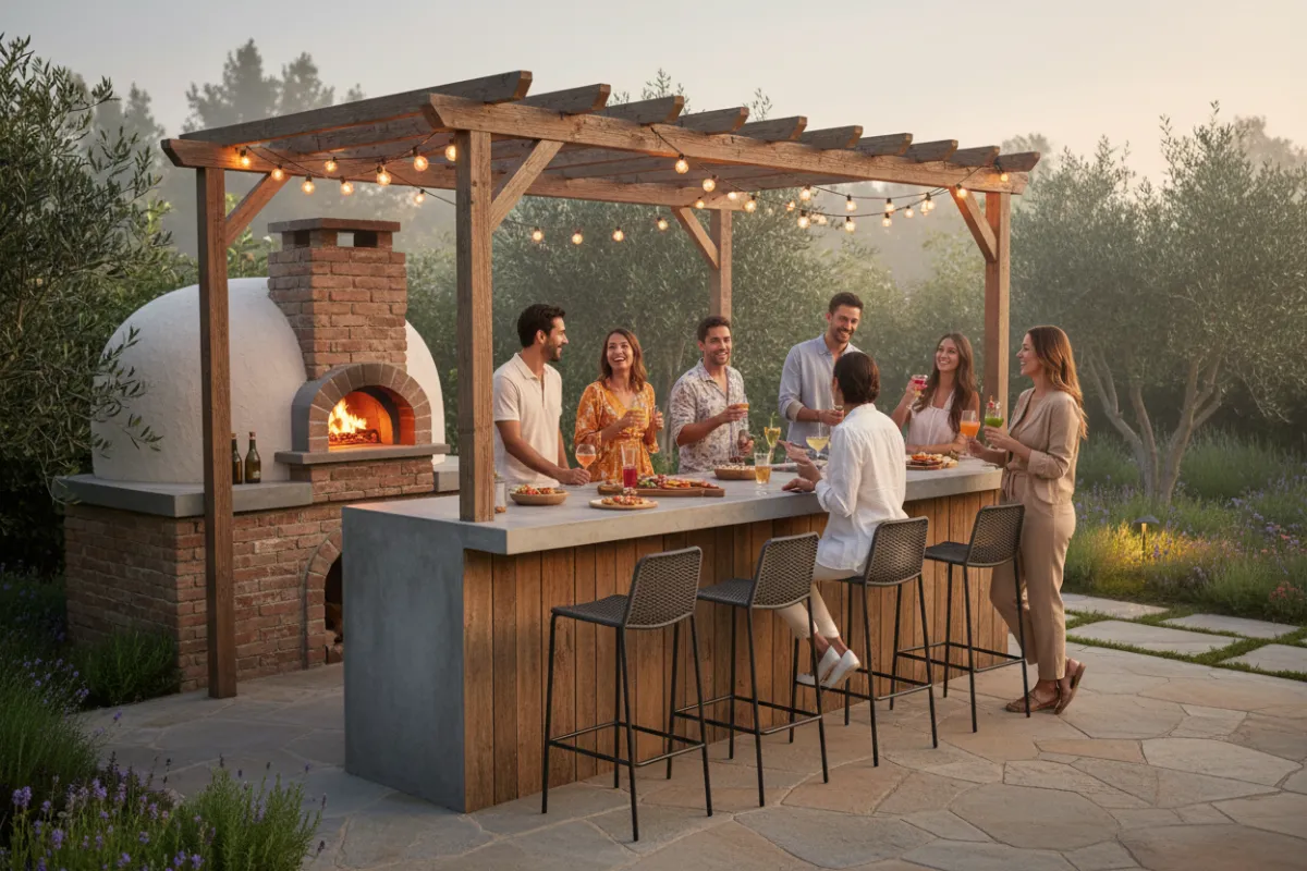 Outdoor kitchen with pizza oven, bar seating, and ambient lighting, evening, diverse group of friends enjoying drinks