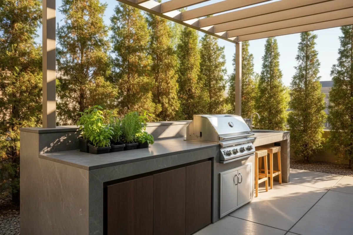 A compact outdoor kitchen in Aurora featuring a built-in grill, sleek stone countertops, and a small herb garden. The modern design maximizes space and functionality, perfect for intimate gatherings and efficient outdoor cooking.