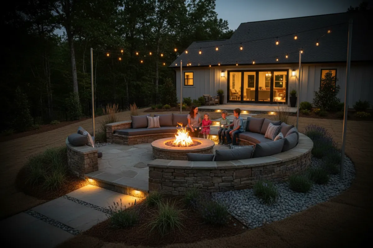 Backyard stone firepit at dusk