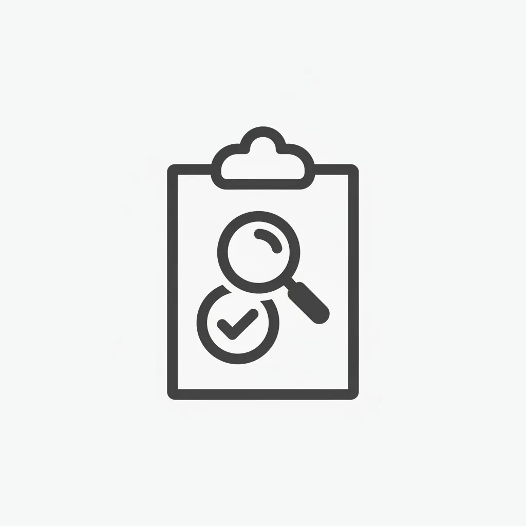 Clipboard with magnifying glass icon for Confident Site Assessment — simple dark vector centered on solid white square background.