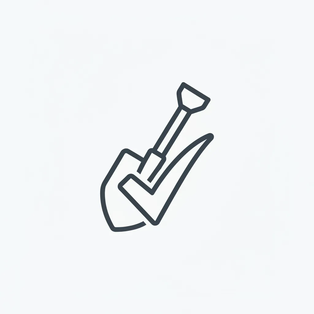 Shovel with checkmark icon for Flawless Installation & Cleanup — simple dark vector centered on solid white square background.