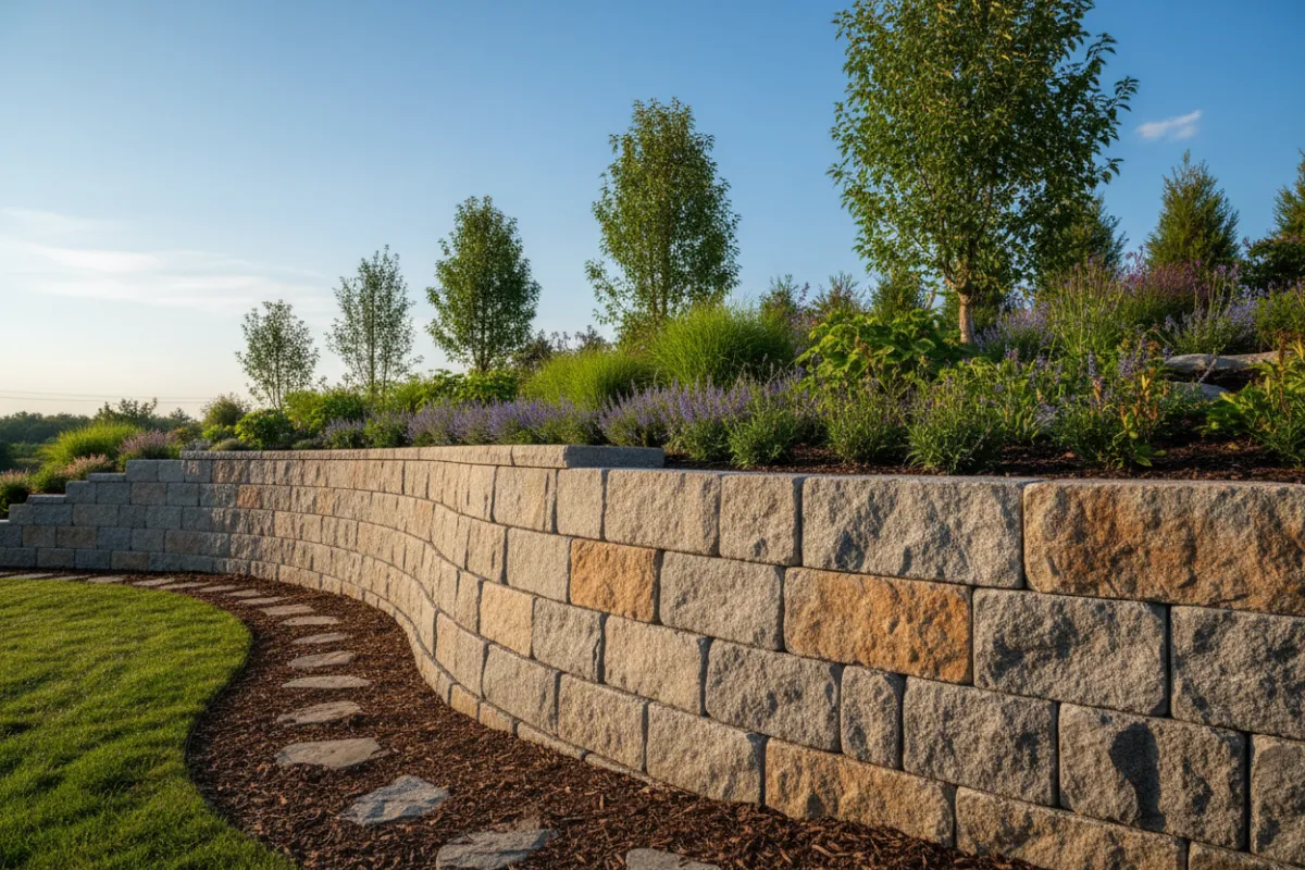 Retaining wall showing stone and block construction