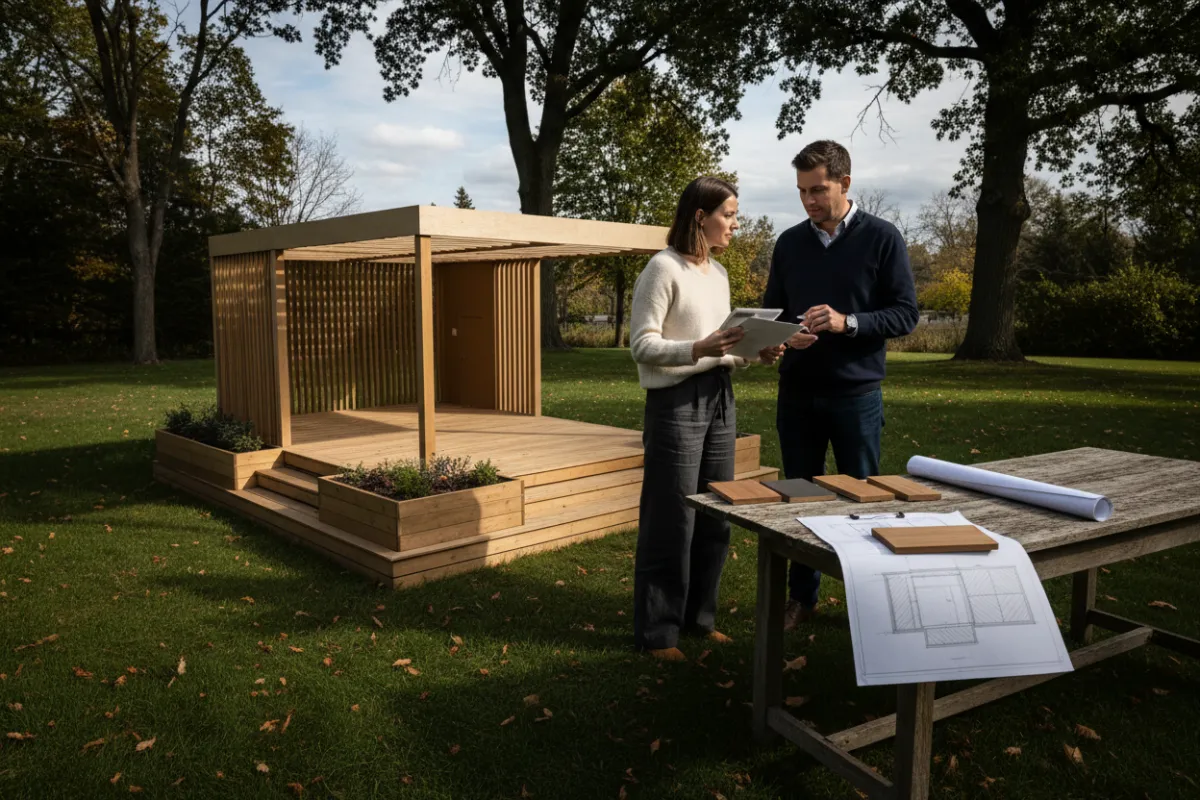 Crew measuring a backyard for deck and cabana installation with tools and measuring tape, natural daylight
