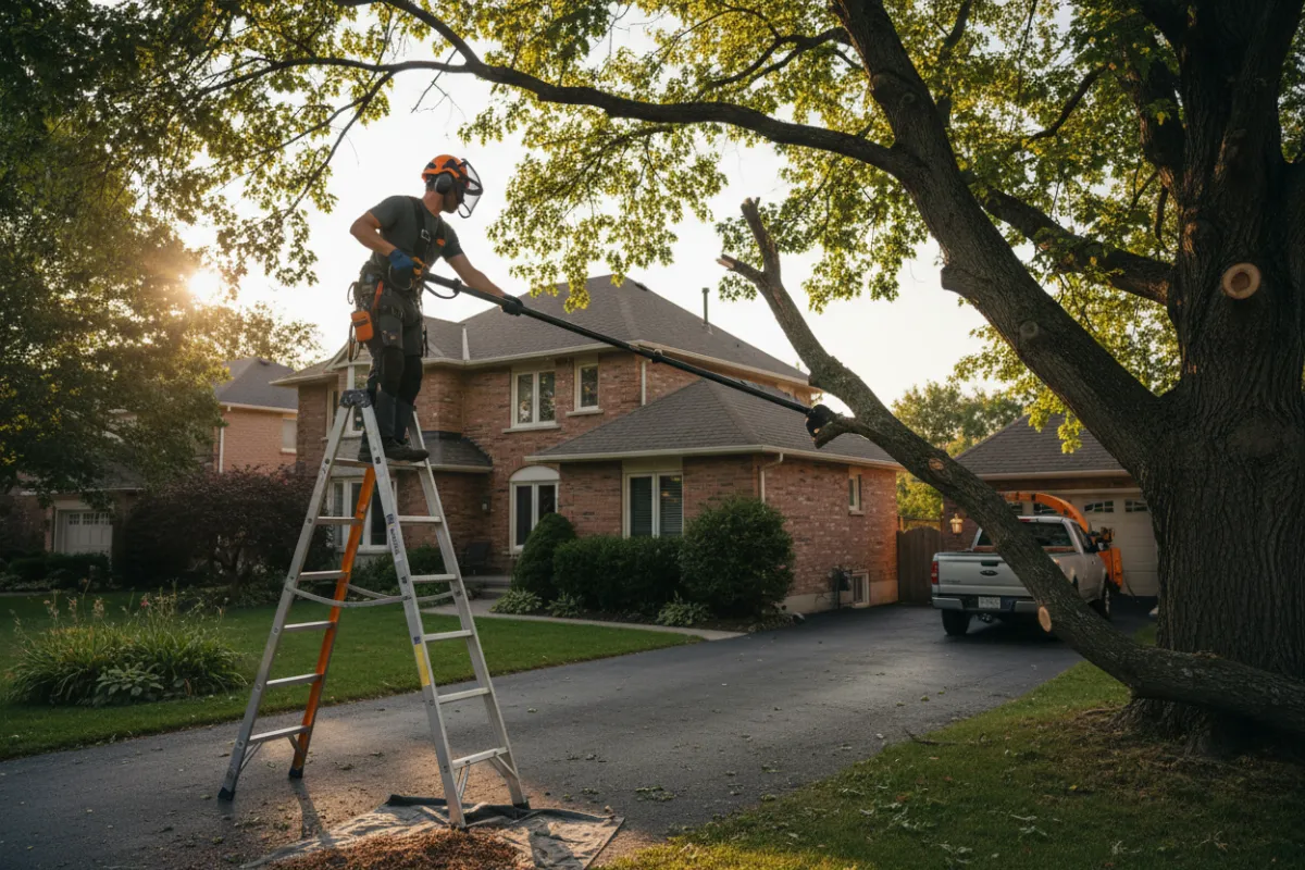 Aurora, Ontario — arborist trimming branches with a pole saw in a residential driveway, natural lighting, visible pruning activity.