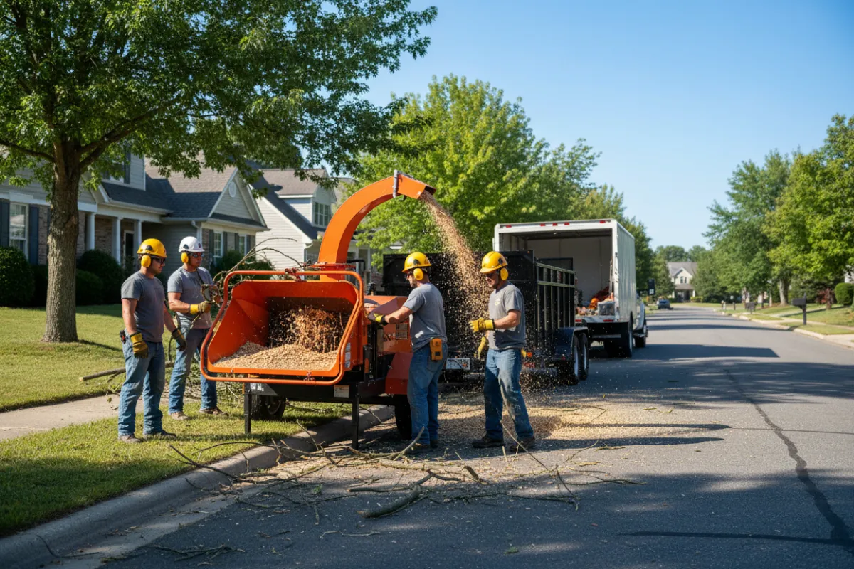 Cleanup — workers feeding pruned branches into a chipper, showing removal and haulaway, natural lighting, visible pruning activity.