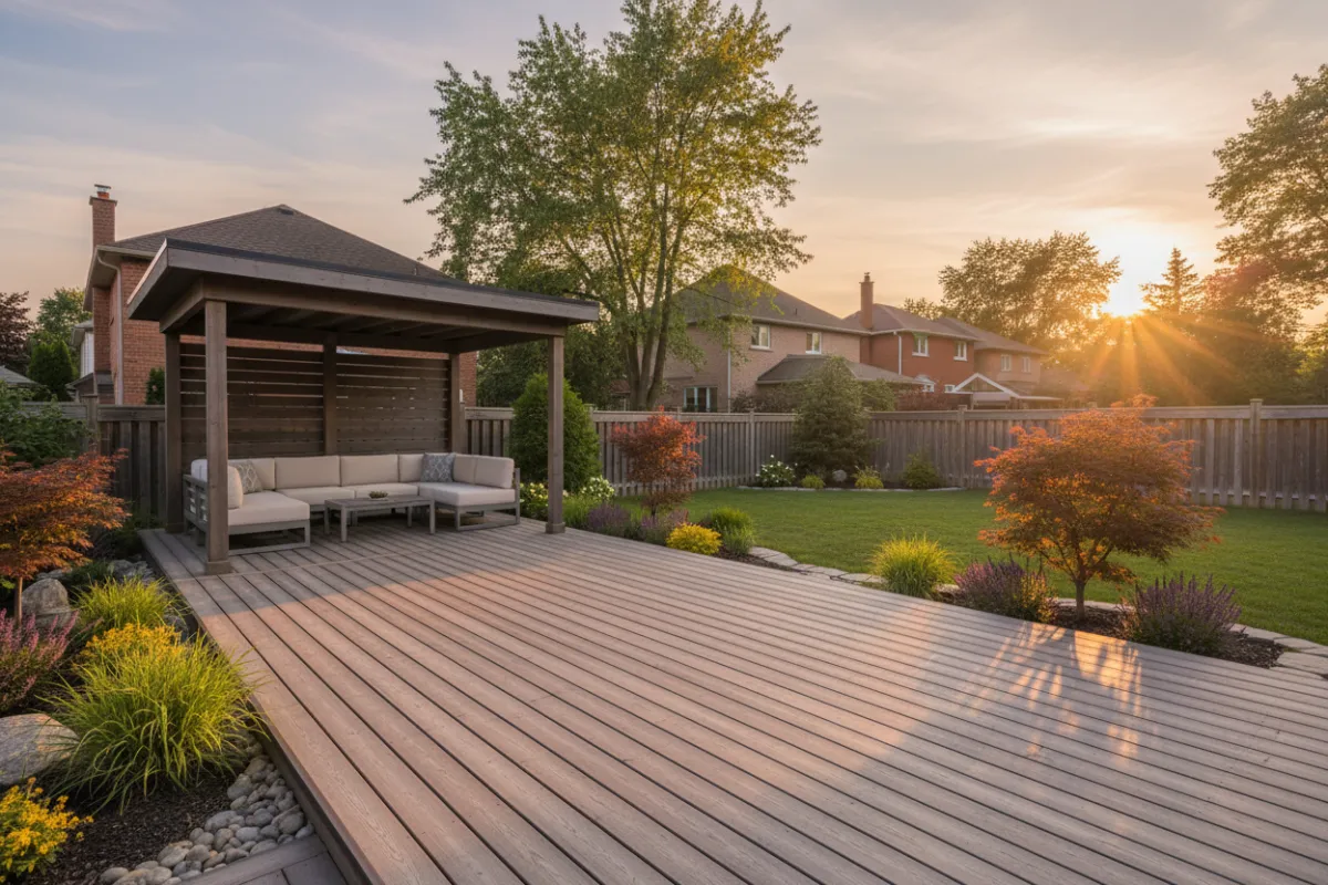 Custom wooden deck with attached cabana in a Richmond Hill suburban backyard, daytime, warm inviting tones