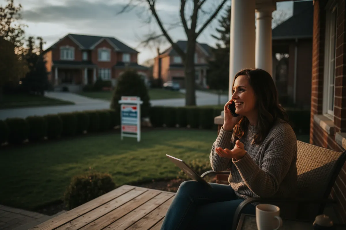 Homeowner requesting a lawn care quote on phone and filling an online form in Richmond Hill, photorealistic, warm consistent color and style