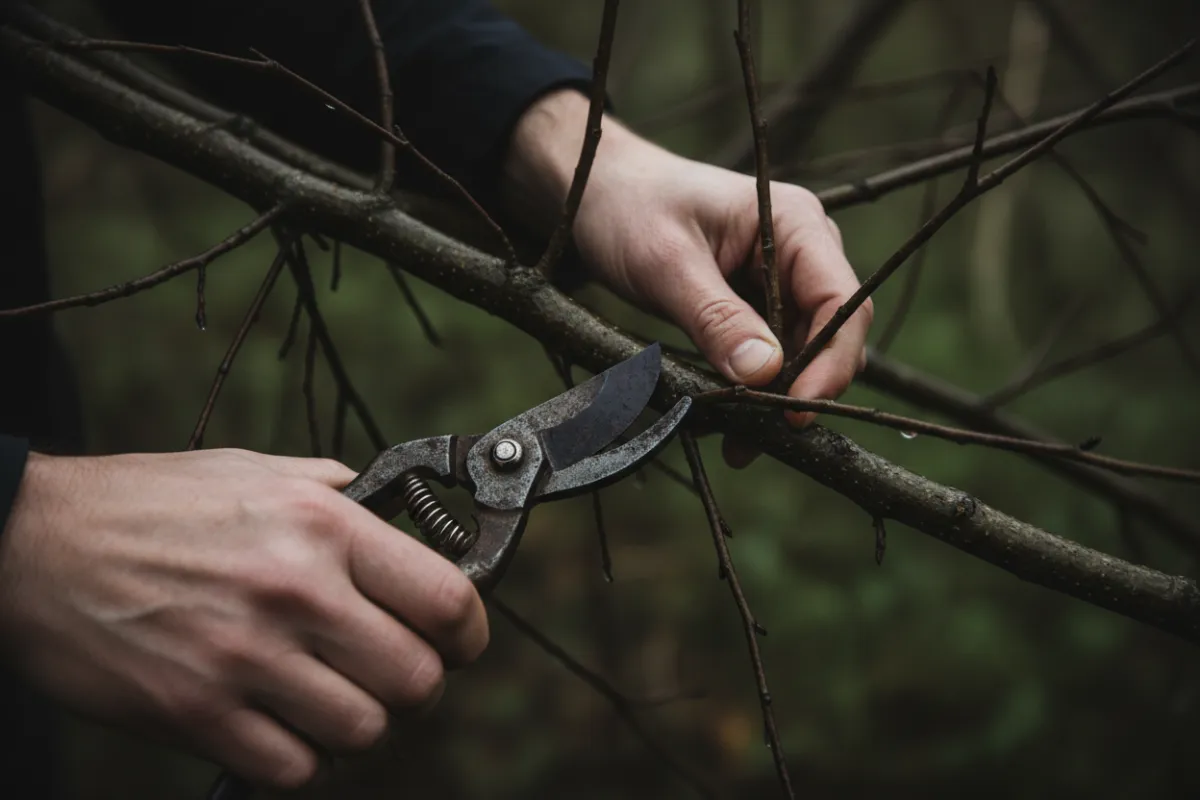 Aurora, Ontario — arborist trimming branches with a pole saw in a residential driveway, natural lighting, visible pruning activity.
