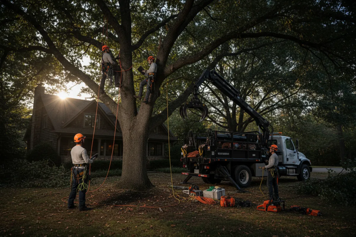 Surrounding city — crew performing crown reduction on a street-side tree near commercial buildings, natural lighting, visible pruning activity.