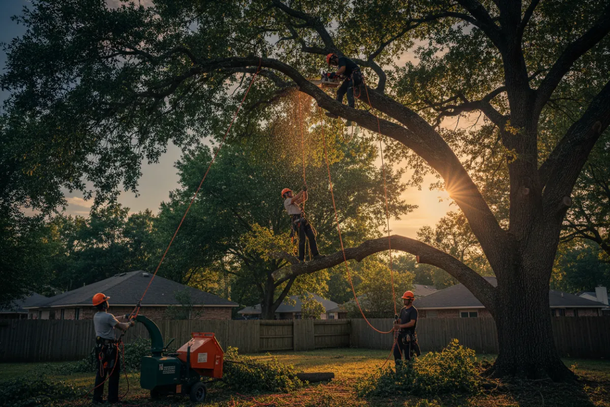 Cleanup — workers feeding pruned branches into a chipper, showing removal and haulaway, natural lighting, visible pruning activity.