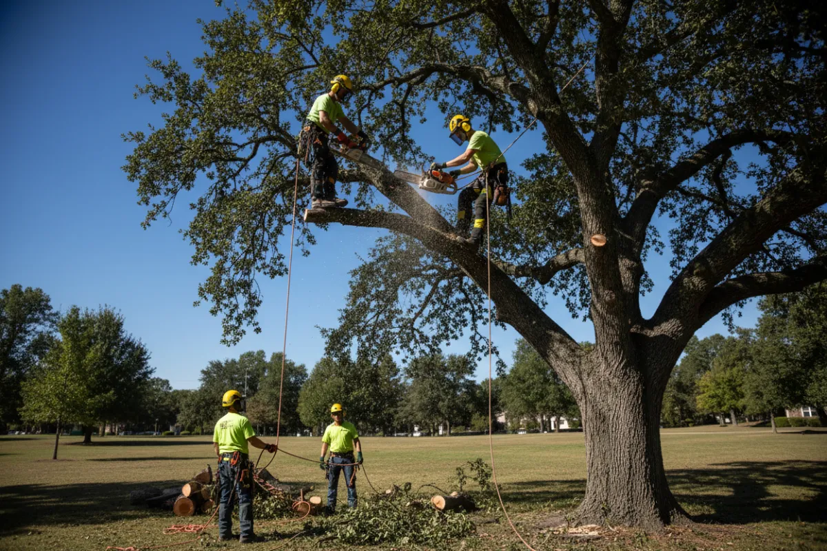Professional arborist crew pruning a mature street tree in a suburban Richmond Hill, Ontario neighborhood; crew in safety gear; daytime; high clarity