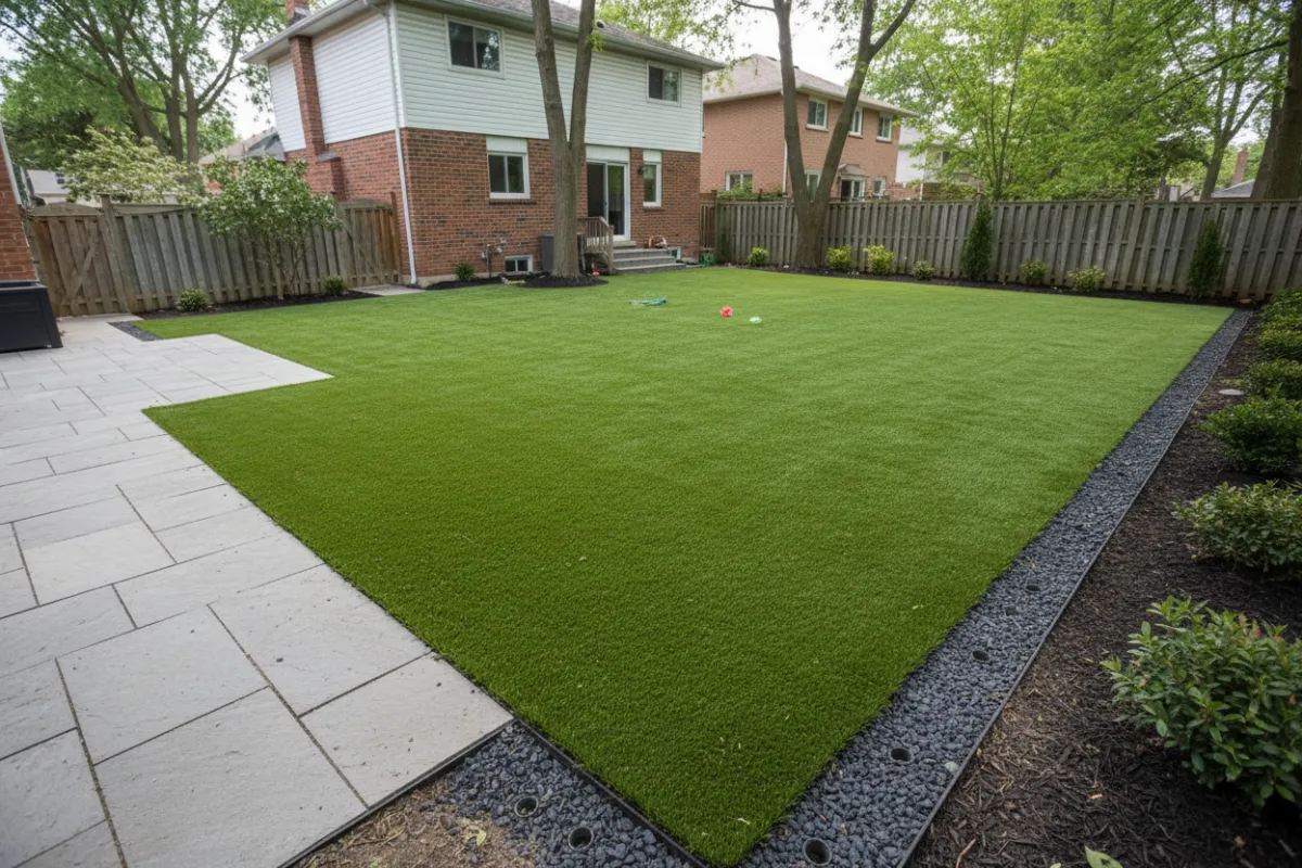 Freshly installed residential artificial turf lawn in a Richmond Hill/Aurora front yard