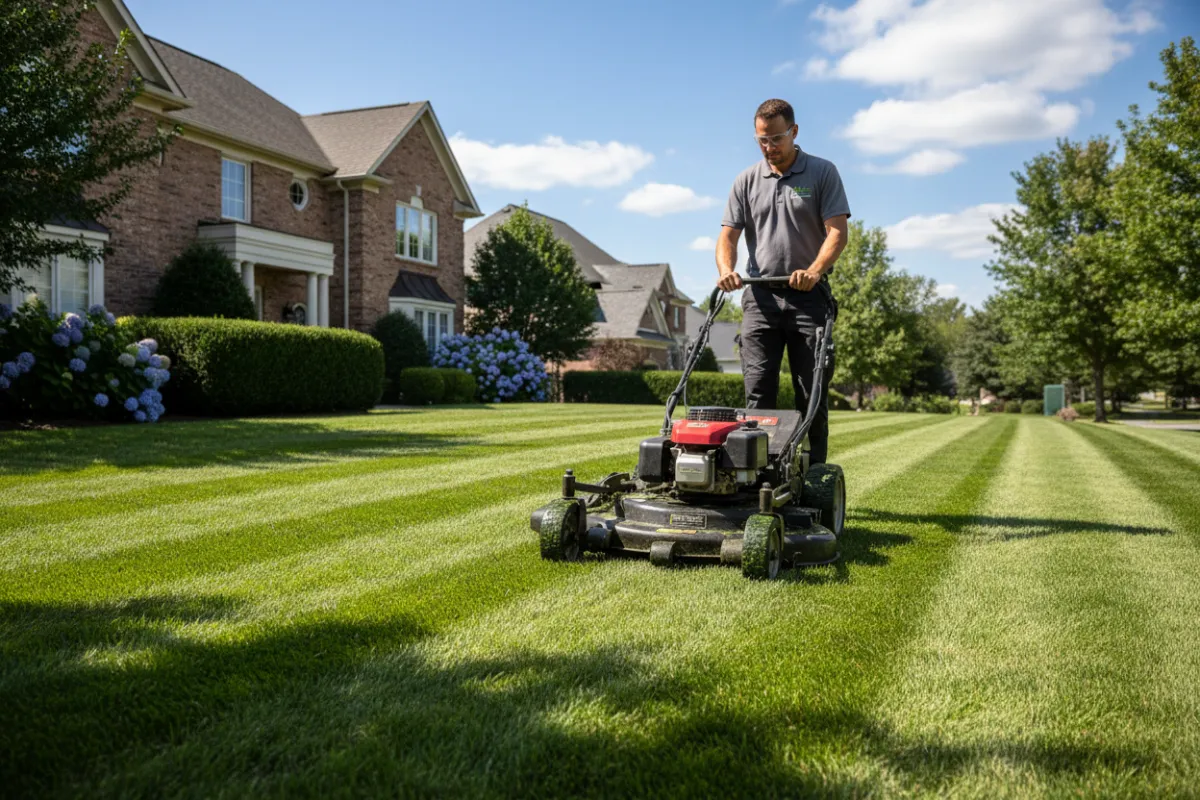 Residential lawn being mowed with neat stripes in Richmond Hill backyard, daytime, vibrant green