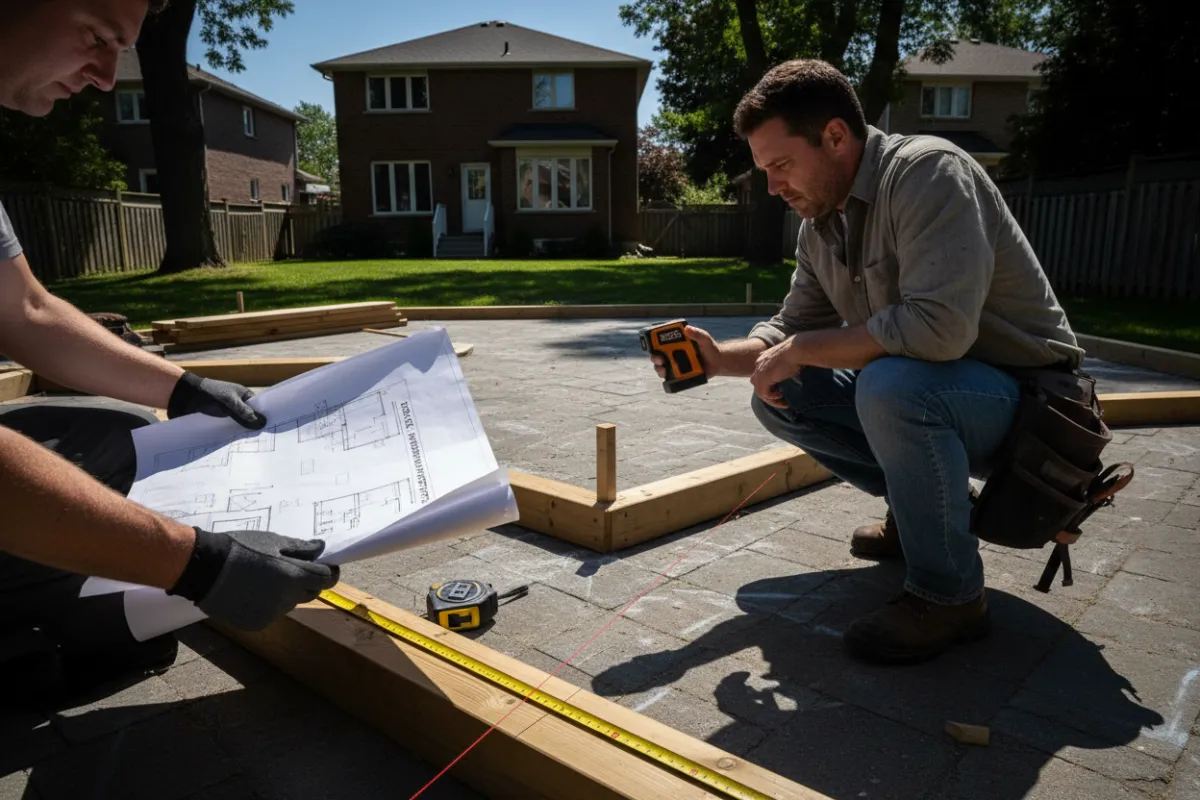 Homeowner consulting with designer about deck and cabana ideas in Richmond Hill, friendly consultation vibe