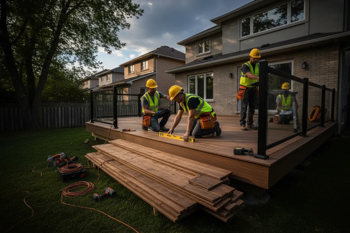 Professional installers building a deck and assembling a cabana, showing craftsmanship and safety gear