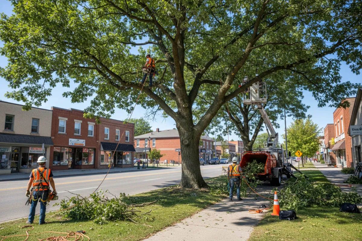 Surrounding city — crew performing crown reduction on a street-side tree near commercial buildings, natural lighting, visible pruning activity.
