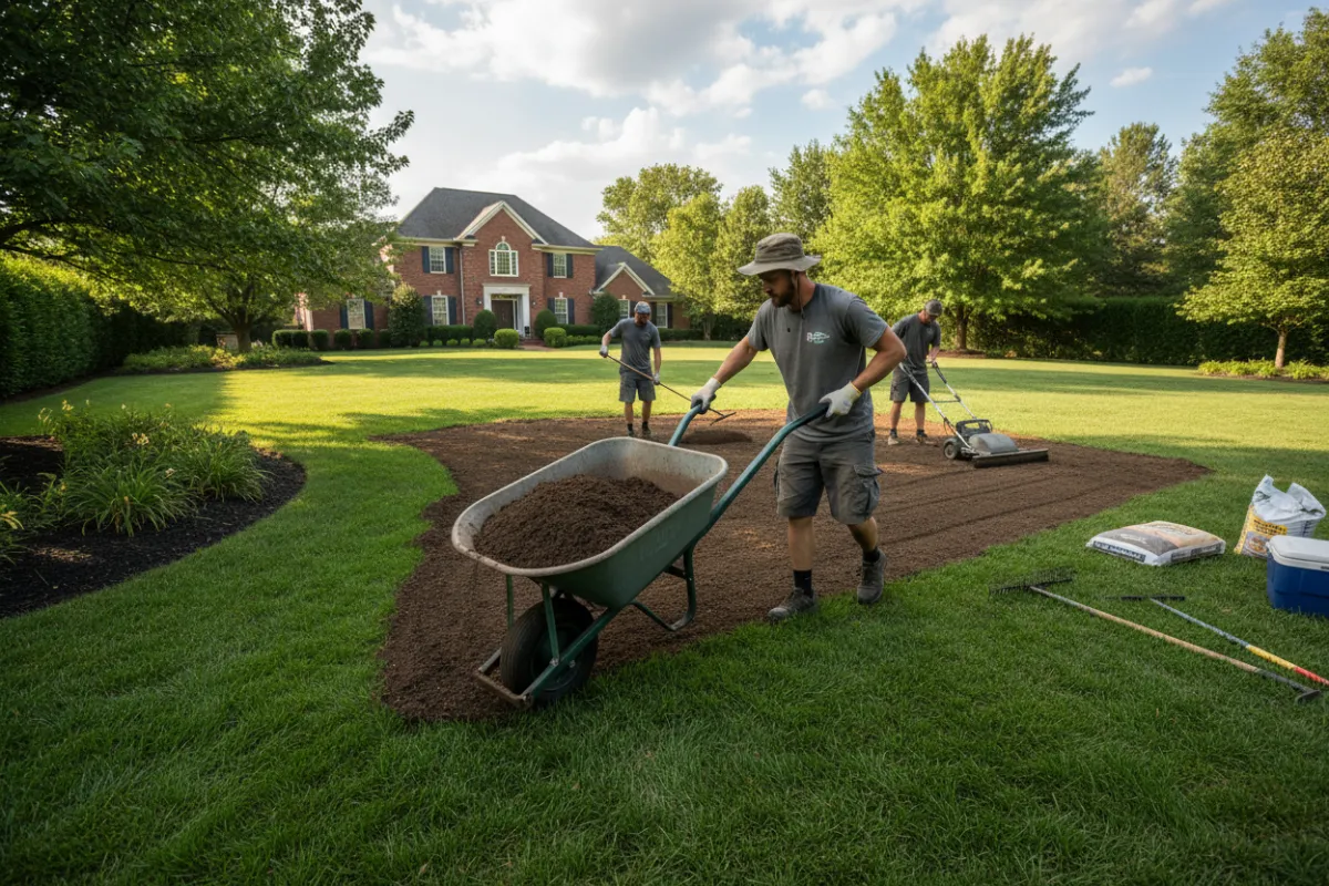 Hyper-realistic photo of a technician applying top-dressing to a residential lawn, showing material and turf texture.