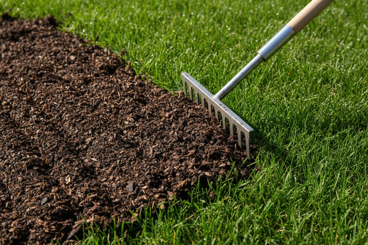 Hyper-realistic close-up of top-dressing material being worked into turf, highlighting soil texture and grass blades.