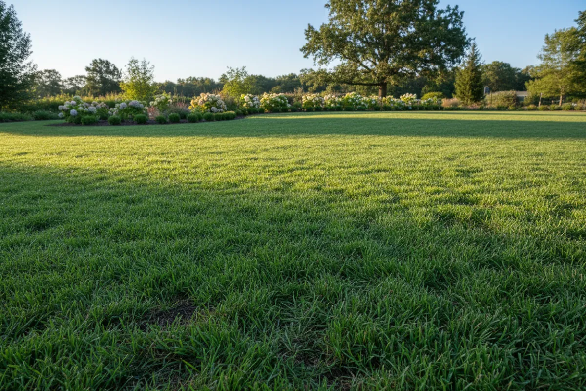 Hyper-realistic photo of crew finishing top-dressing application and cleanup on a residential lawn, showing finished surface.