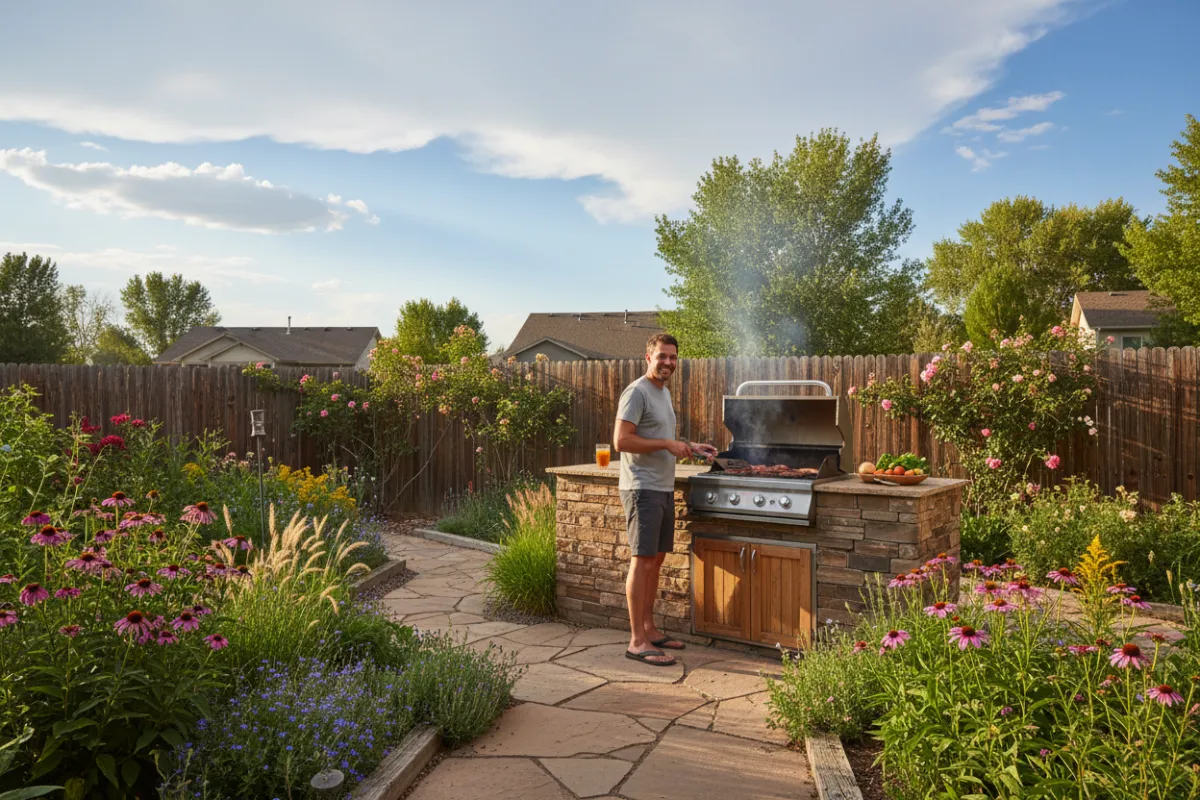 Homeowner grilling on a built-in outdoor kitchen, open sky, lush garden, Aurora neighborhood, relaxed atmosphere