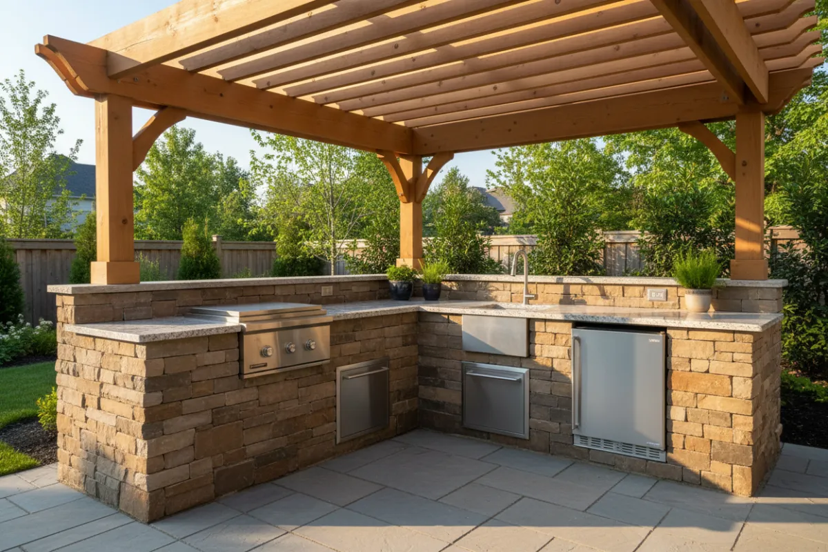 An L-shaped outdoor kitchen in Richmond Hill with stainless steel appliances, stone counters, and a cedar pergola. The space is bathed in afternoon sunlight, showcasing a seamless blend of modern design and natural materials.