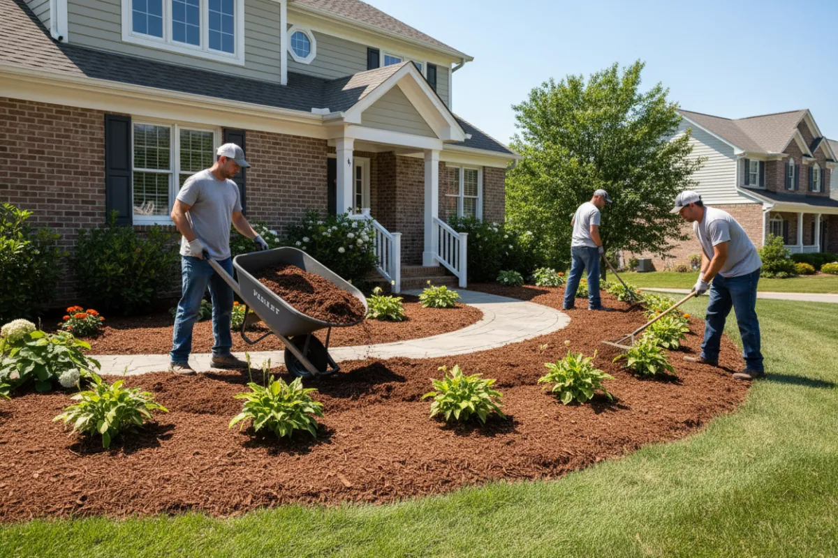 Garden bed freshly mulched with rich brown organic mulch, neat edging and improved curb appeal at a Richmond Hill/Aurora home, daytime