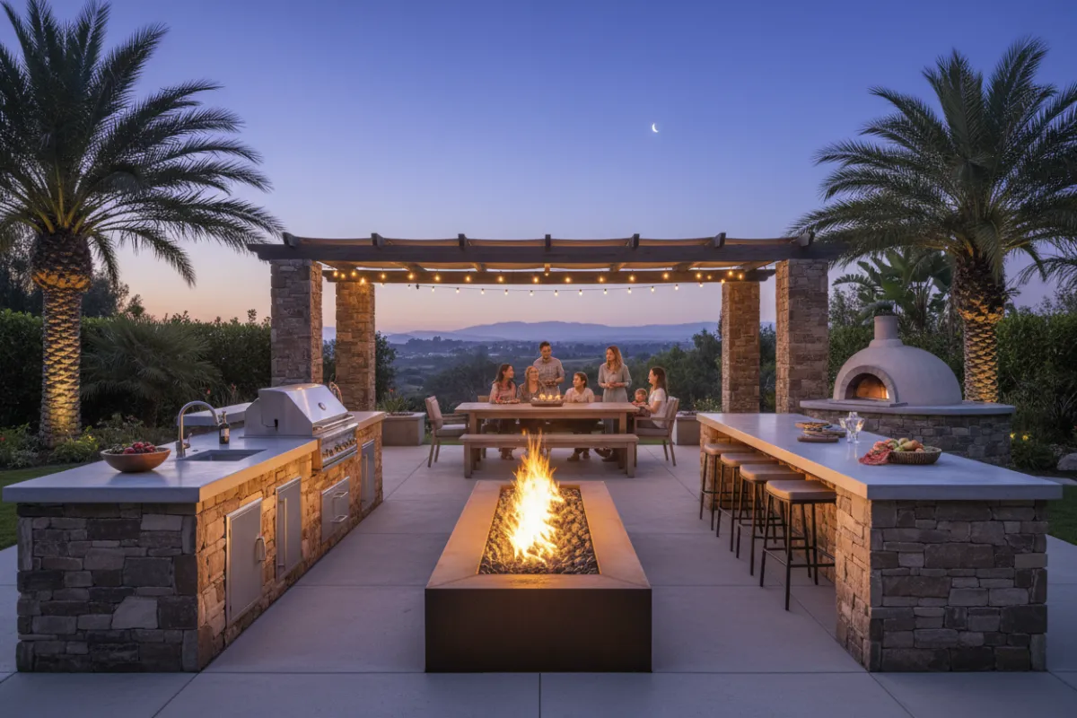 An expansive outdoor kitchen with double islands, a dramatic fire feature, and a large dining area. The twilight setting and family gathering create a warm, inviting atmosphere ideal for entertaining and relaxation.